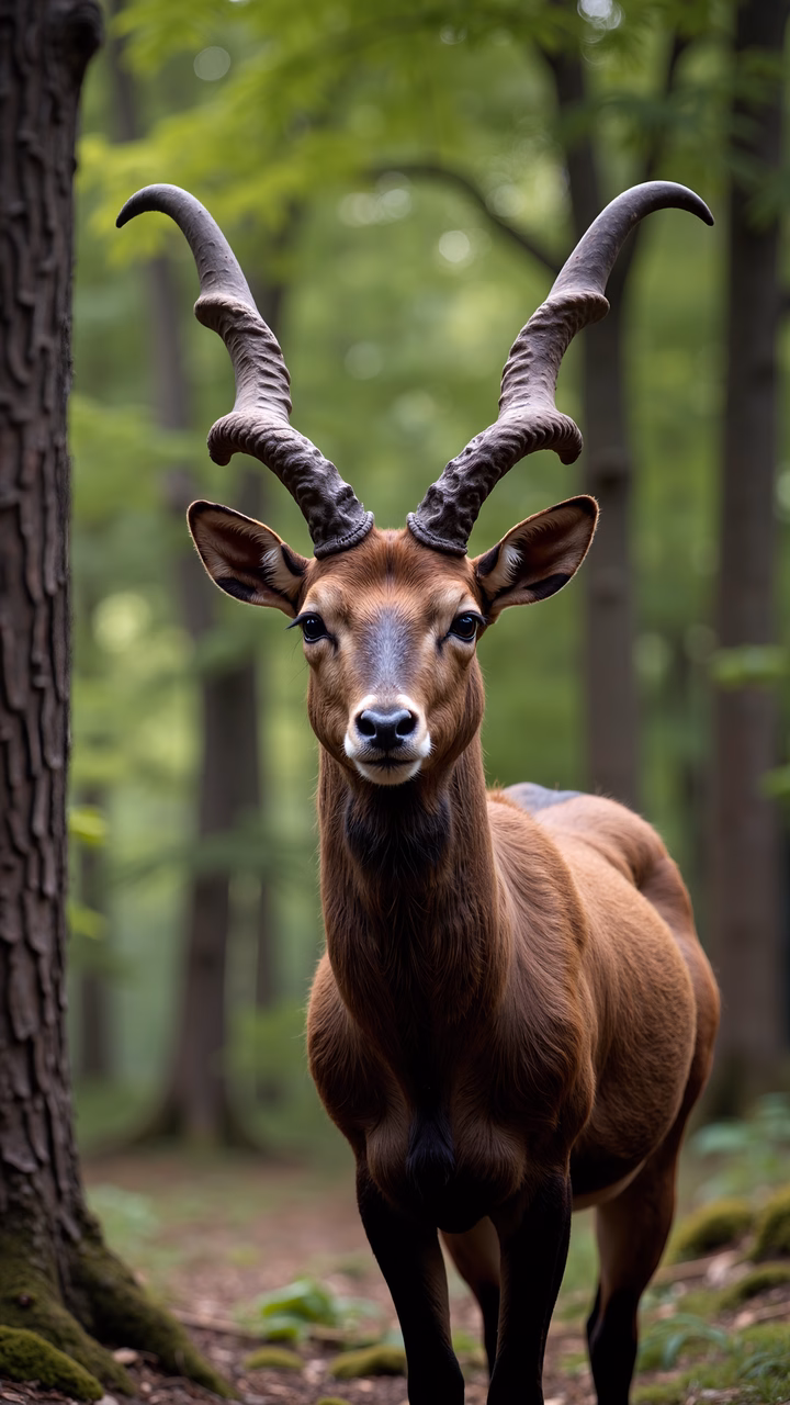 A close-up of an antelope in a forest setting, showcasing its natural beauty and serene environment.