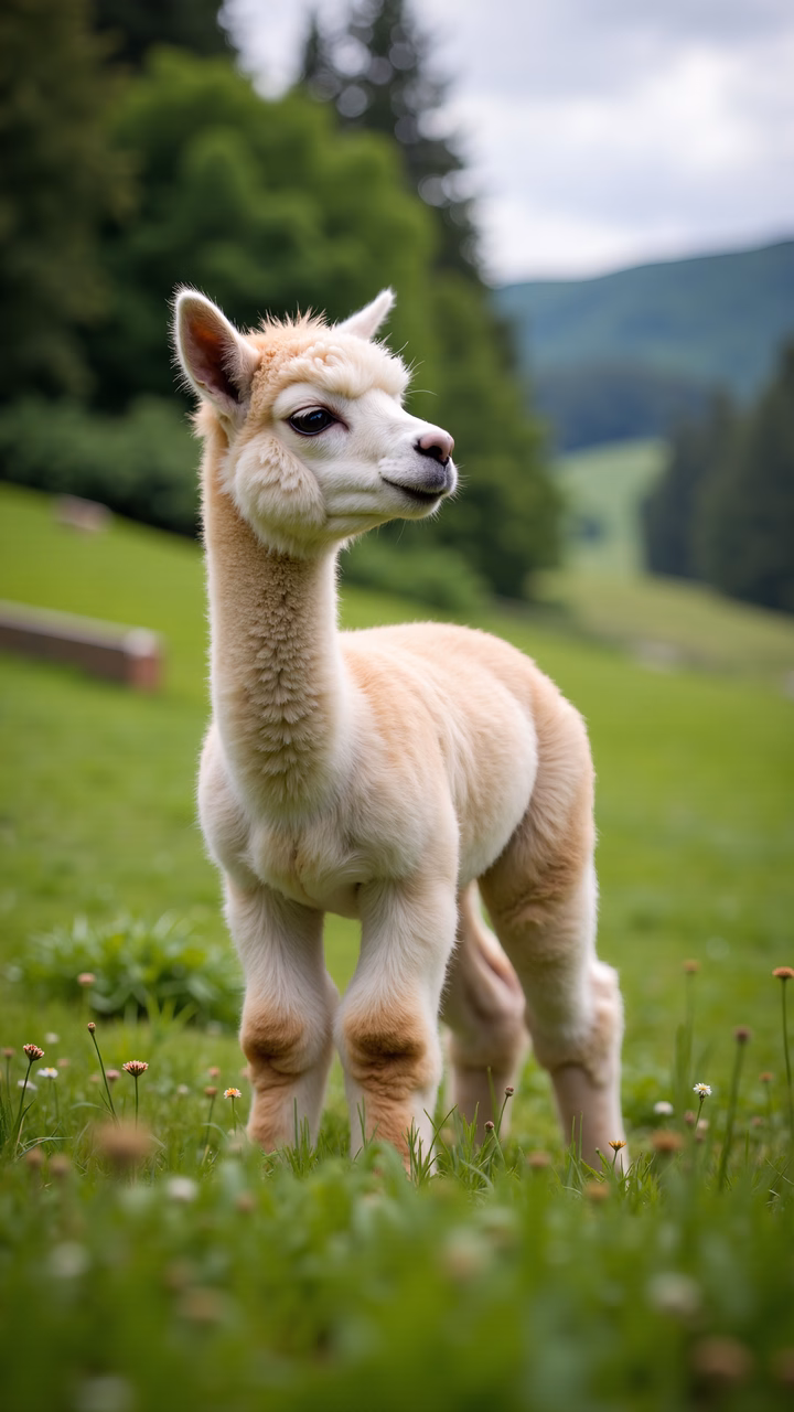 Close-up of a baby alpaca in a peaceful meadow setting.