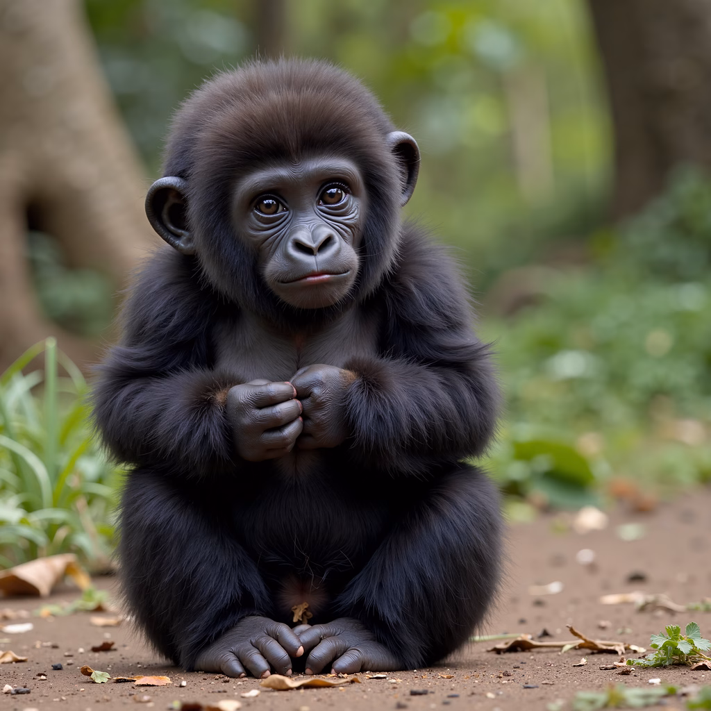 Close-up of a baby gorilla in a lush forest setting, showcasing its natural beauty and innocence.