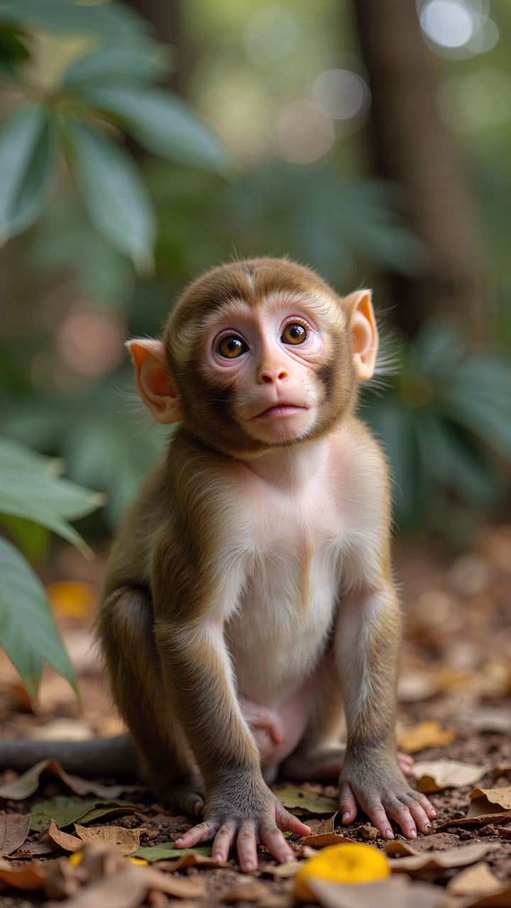 Close-up of a baby monkey in a lush forest setting.