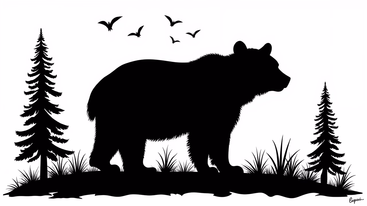 Silhouette of a bear in a forest setting with pine trees and flying birds.