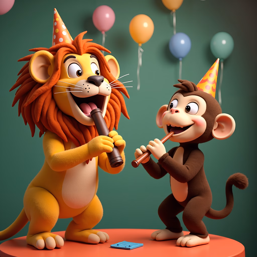 A cheerful birthday celebration with a lion and monkey playing flutes.