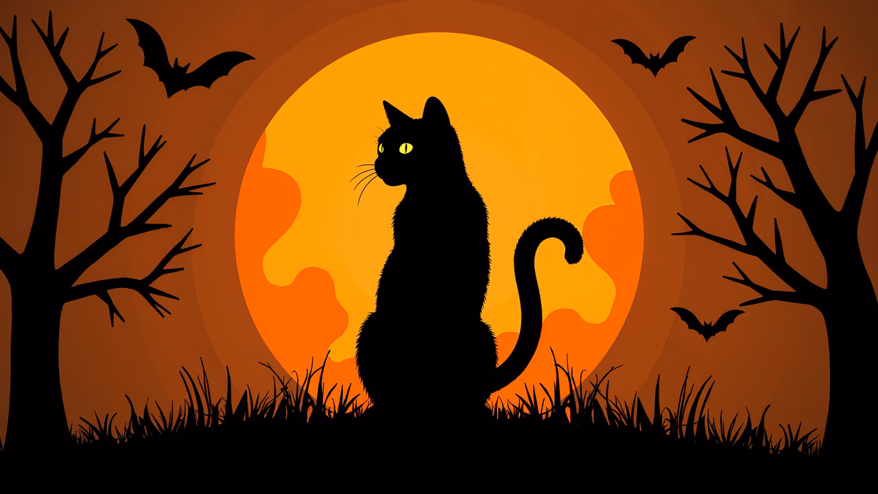 A spooky black cat silhouette against a glowing moonlit sky, perfect for Halloween-themed decor.