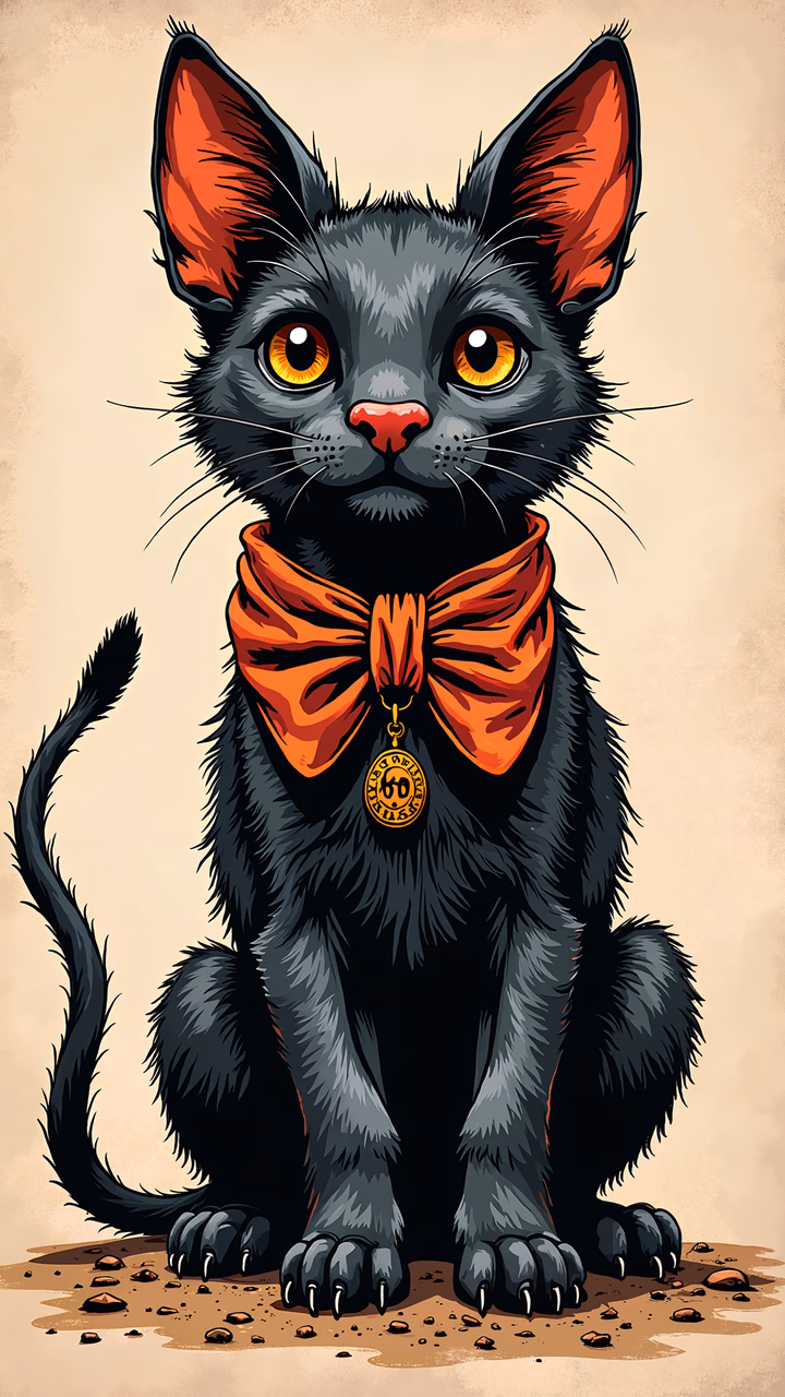 A cute black cat wearing an orange bowtie, sitting on a textured surface.