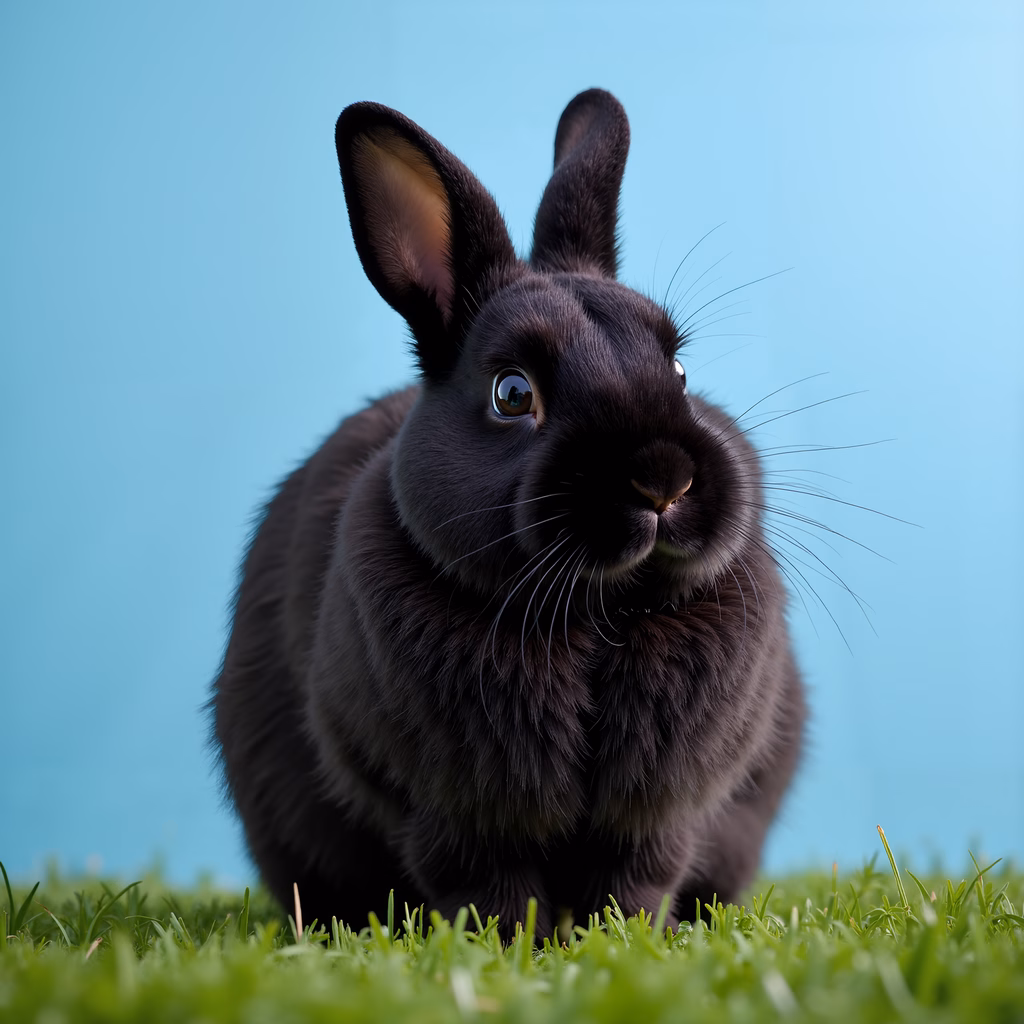 Close-up portrait of a black rabbit on green grass with blue background