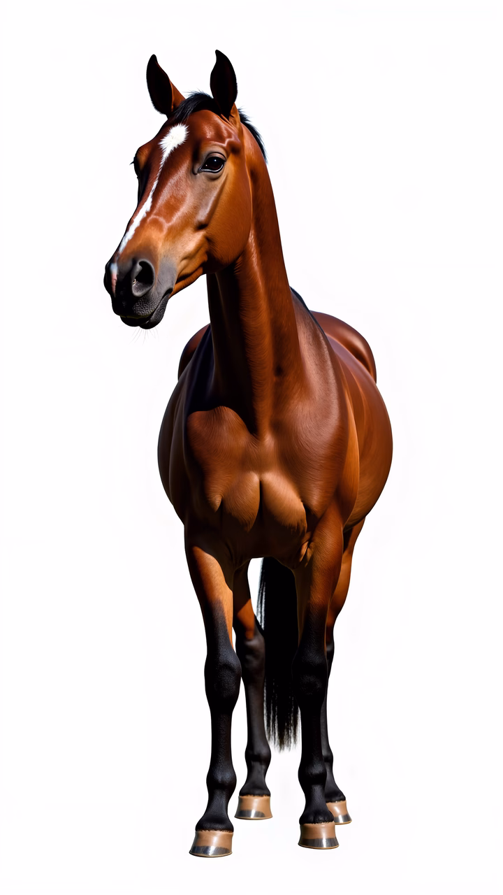 Realistic illustration of a brown horse standing against a white background.