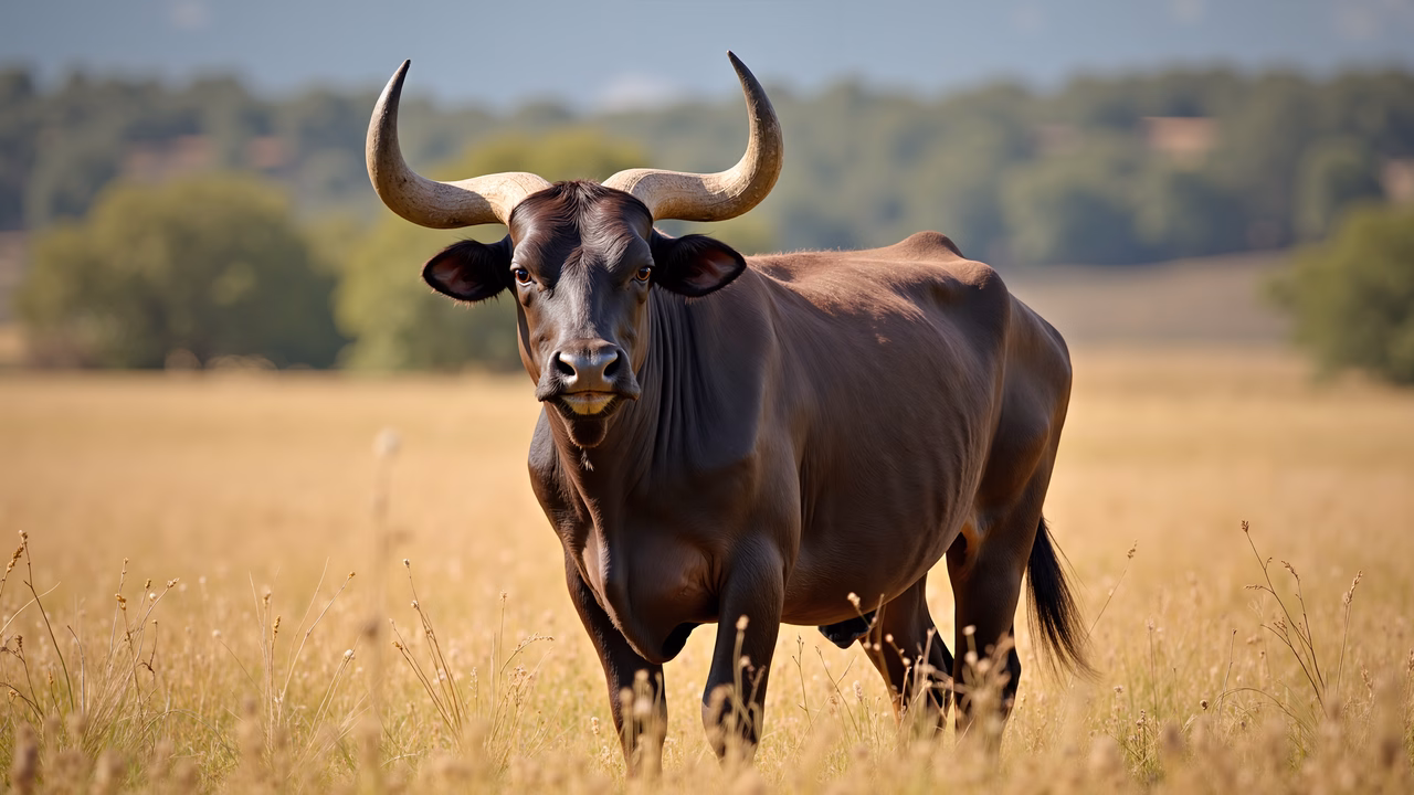 Majestic bull in golden field under clear blue sky