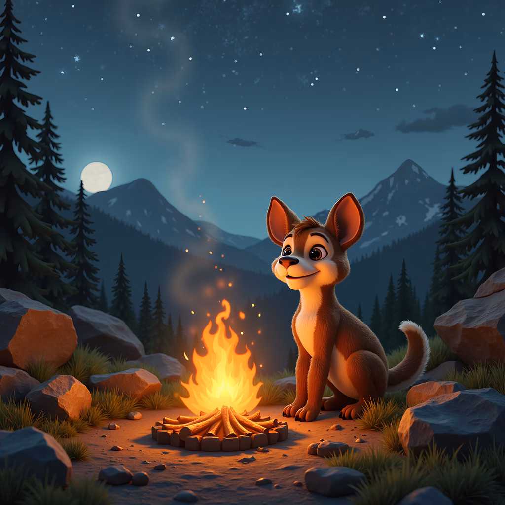 A cute fox by a campfire under a starry night sky.
