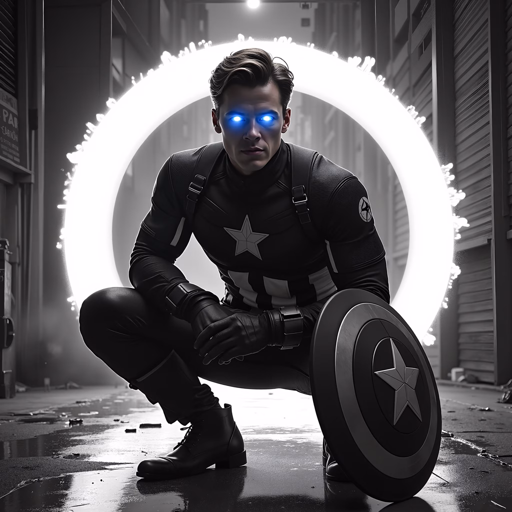 Captain America crouches with his shield, monochrome, intense eyes, glowing ring, superhero readiness.