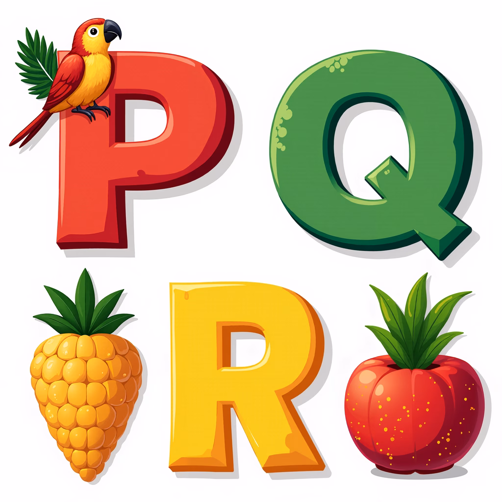 Brightly colored alphabet with tropical fruits and a playful parrot.