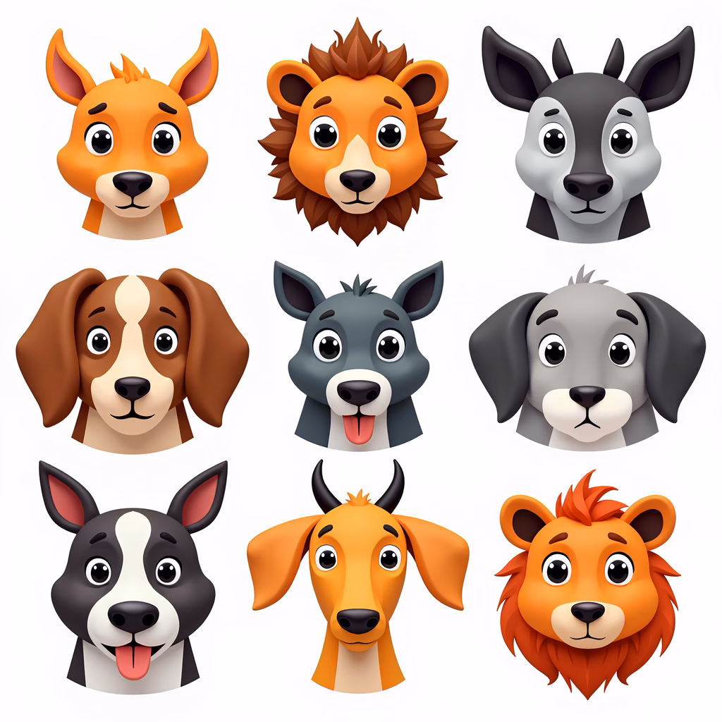 Cartoon animal faces in a playful and colorful illustration.