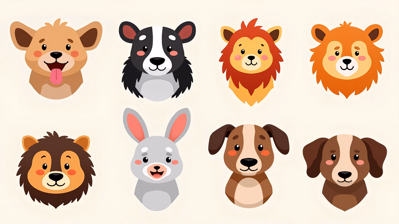 Brightly colored cartoon animal faces on a neutral background.