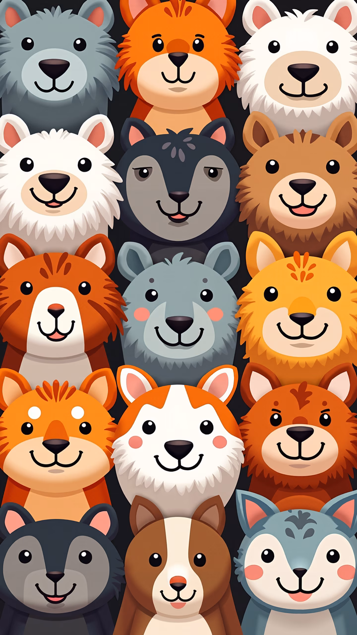 Brightly colored cartoon animal faces in a playful, whimsical style.