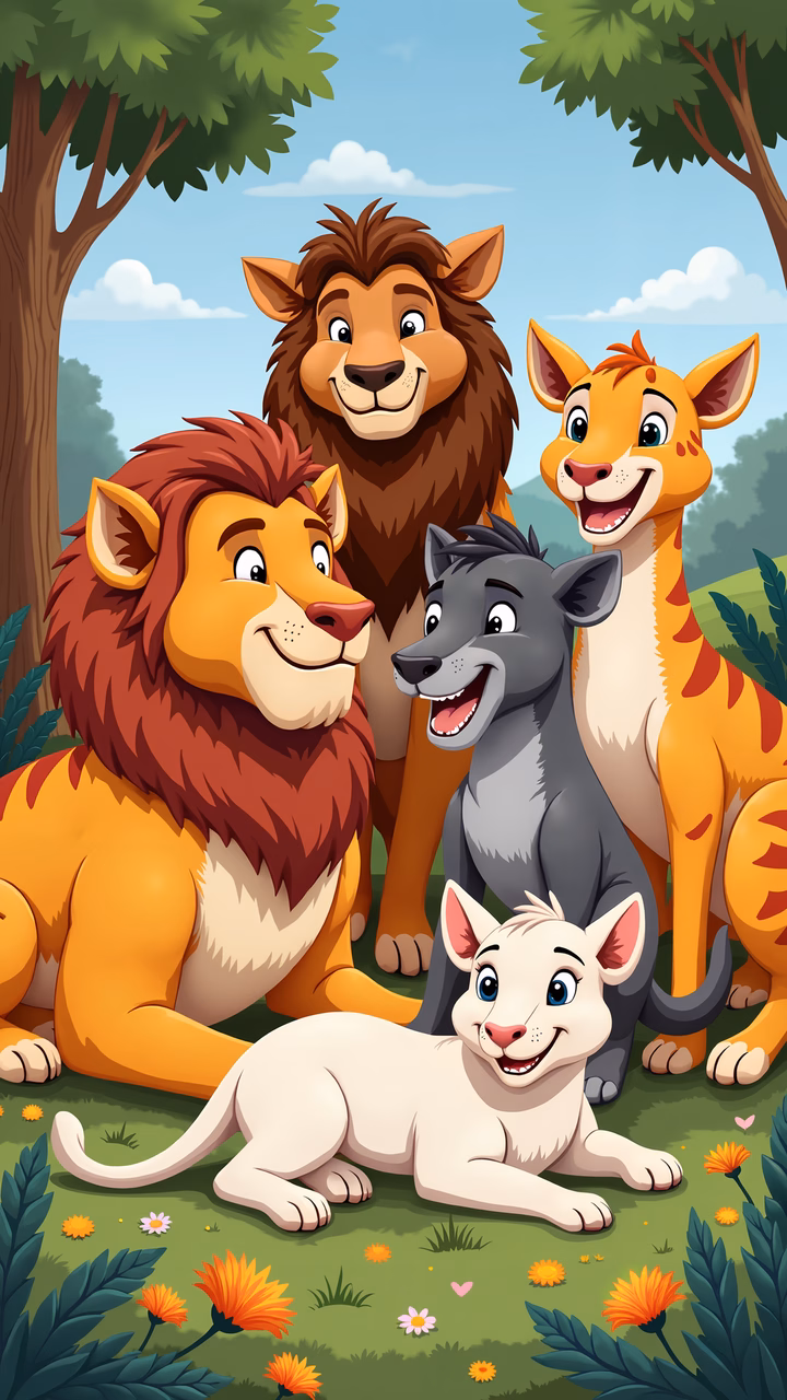 A joyful cartoon animal family in a colorful forest setting.