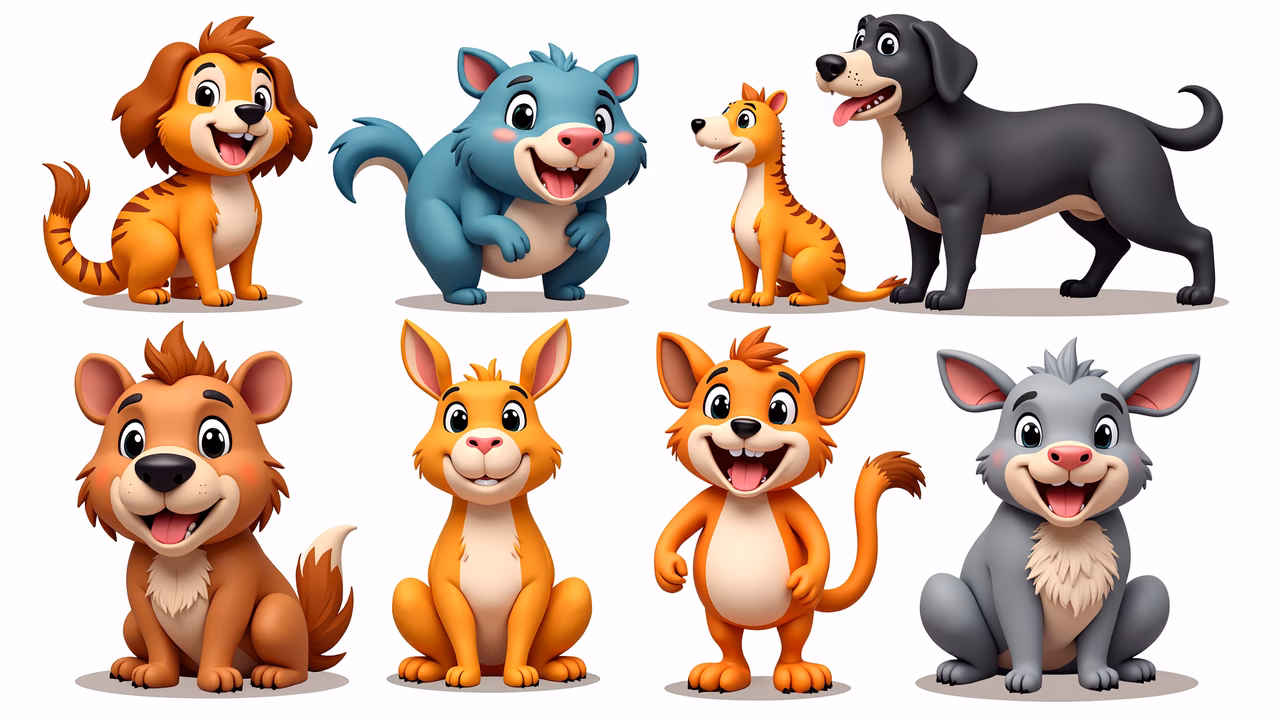 Brightly colored cartoon animals in a playful group setting.