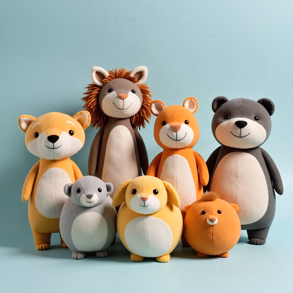 Cute plush animal group in a cozy setting