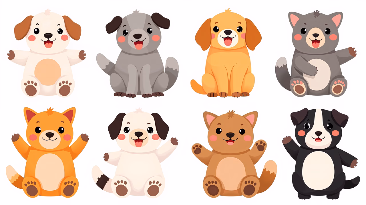 Brightly colored cartoon animals in a cheerful, playful style.
