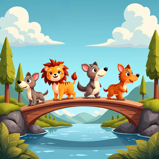Cartoon Animals Crossing a Bridge