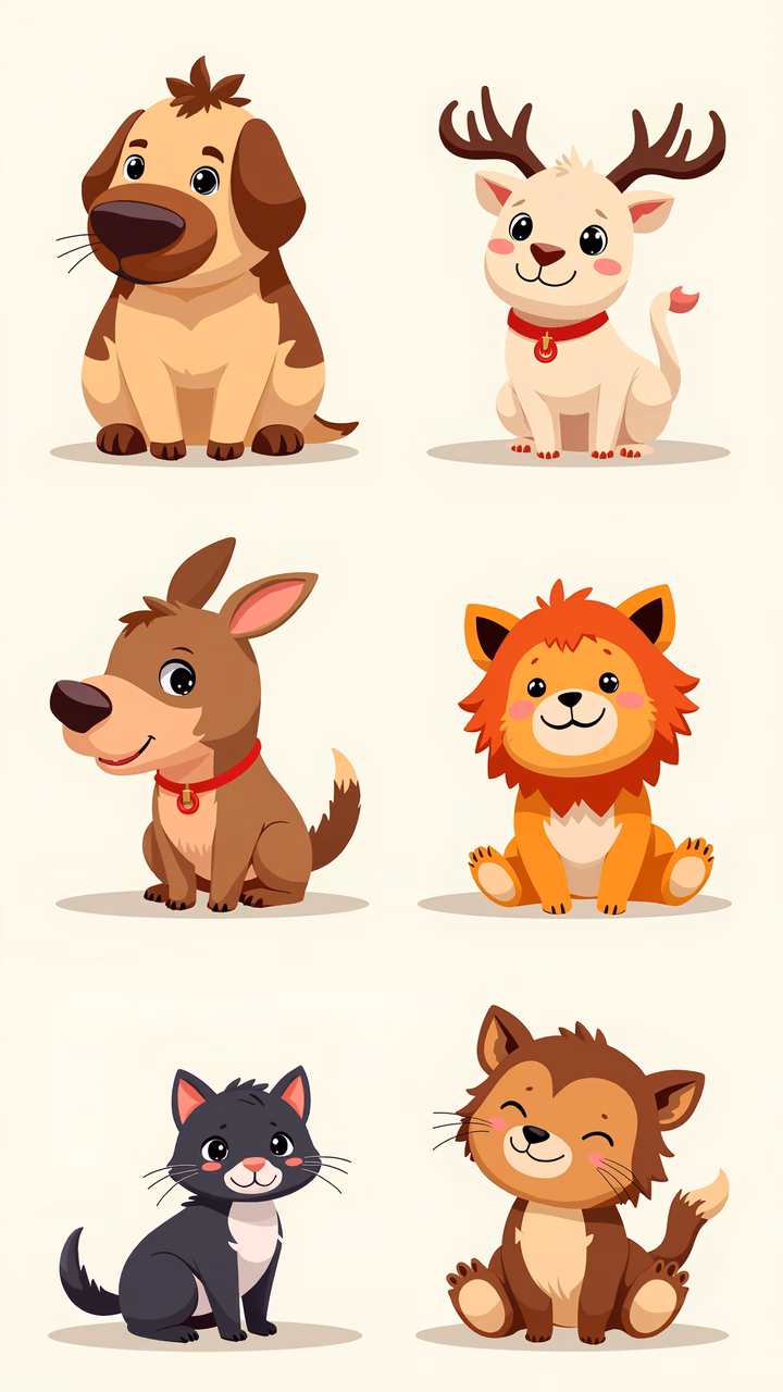 Cute cartoon animals with warm tones and playful expressions.