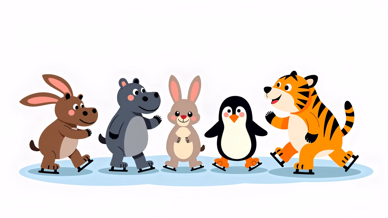 Five cute animals ice skating together in a joyful scene.