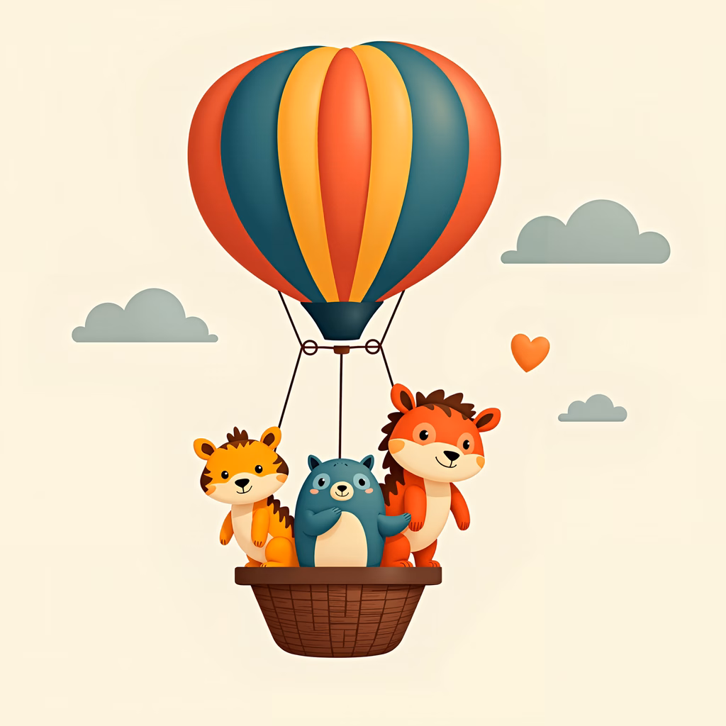 Cute cartoon animals enjoying a hot air balloon ride!
