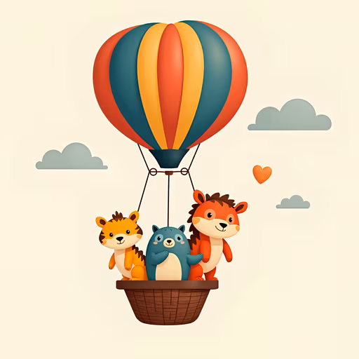 Cartoon Animals in Hot Air Balloon