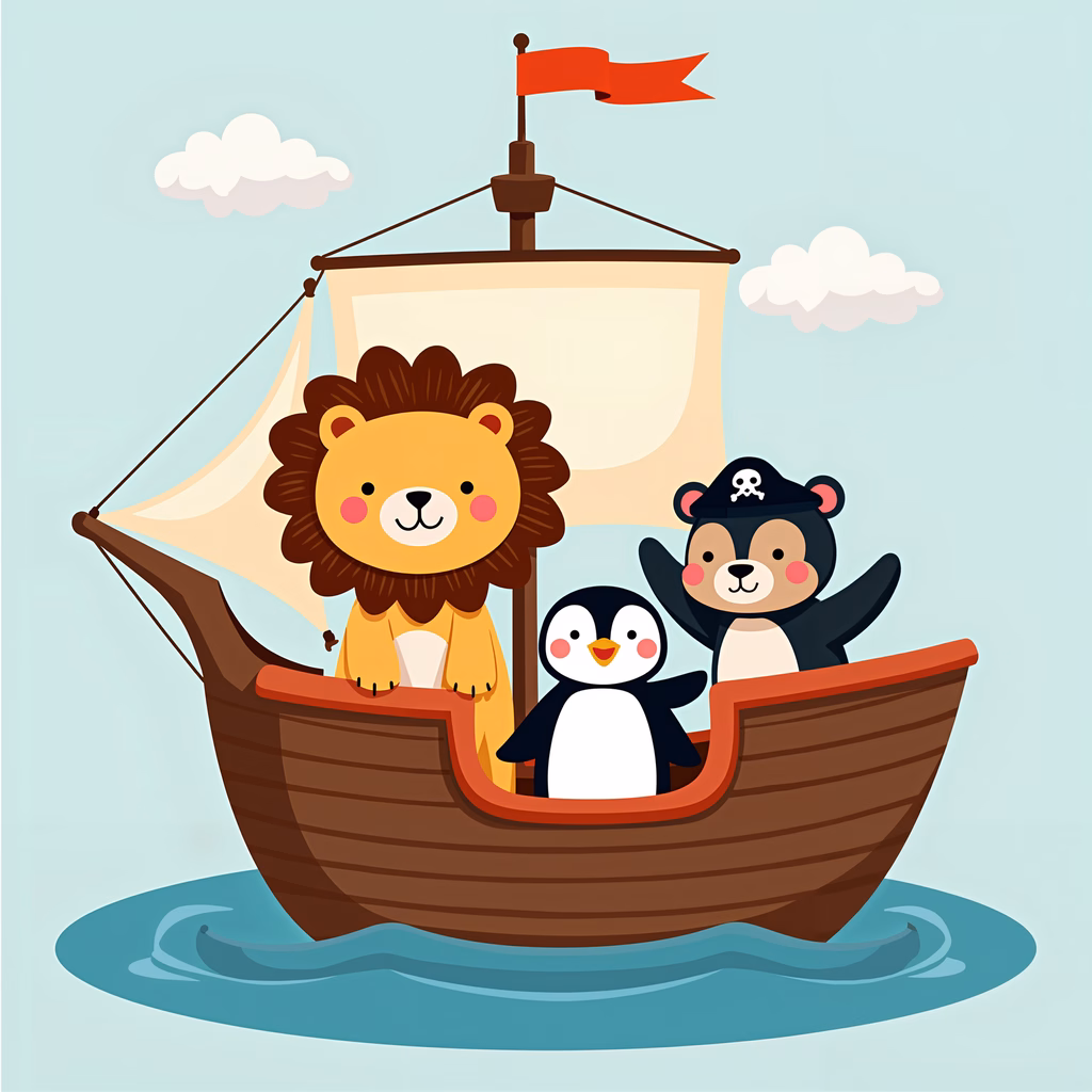 Cute cartoon animals on a pirate ship adventure!