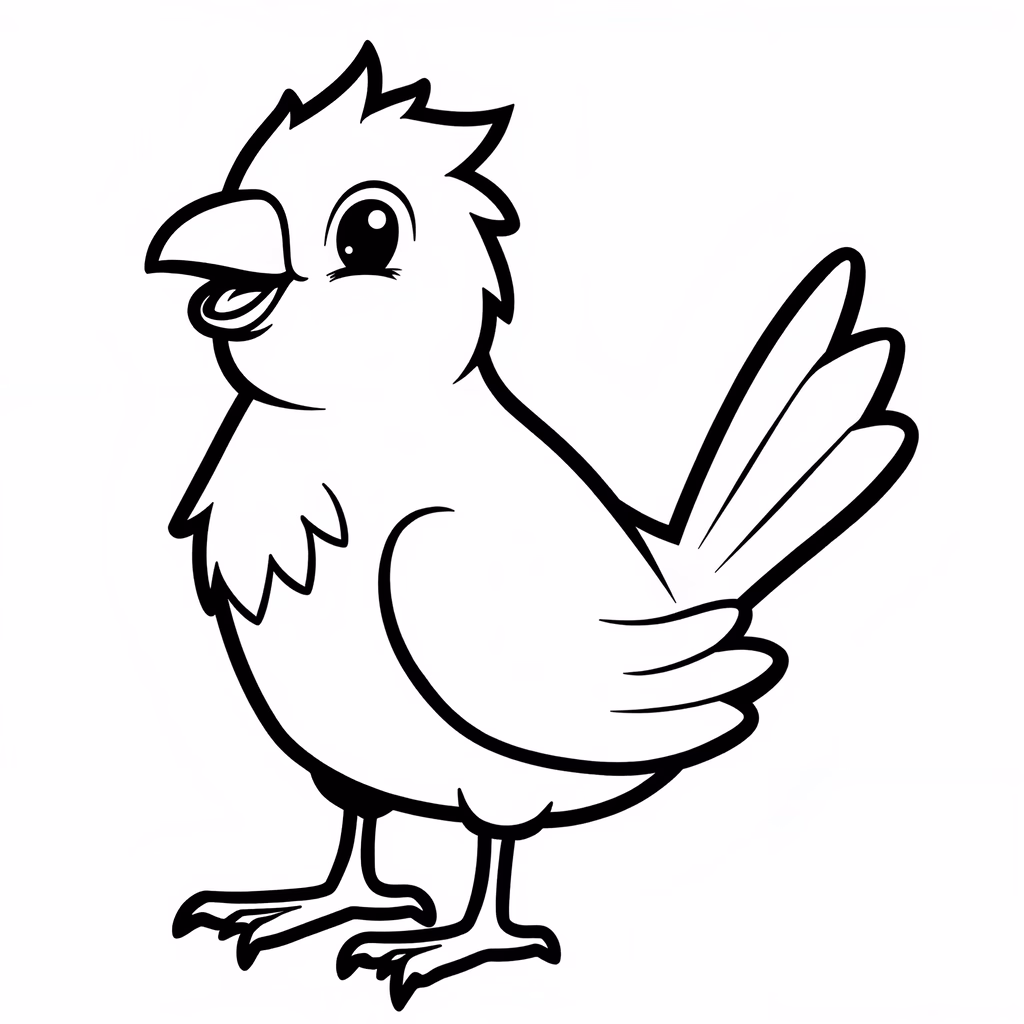 A cute cartoon bird in a simple black and white line drawing style.