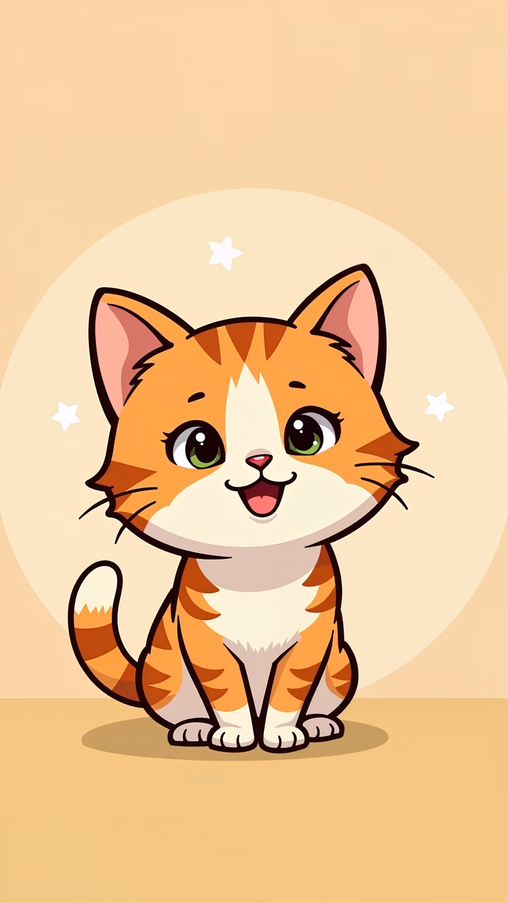 A delightful cartoon cat with big eyes and a happy expression, set against a cozy starry background.