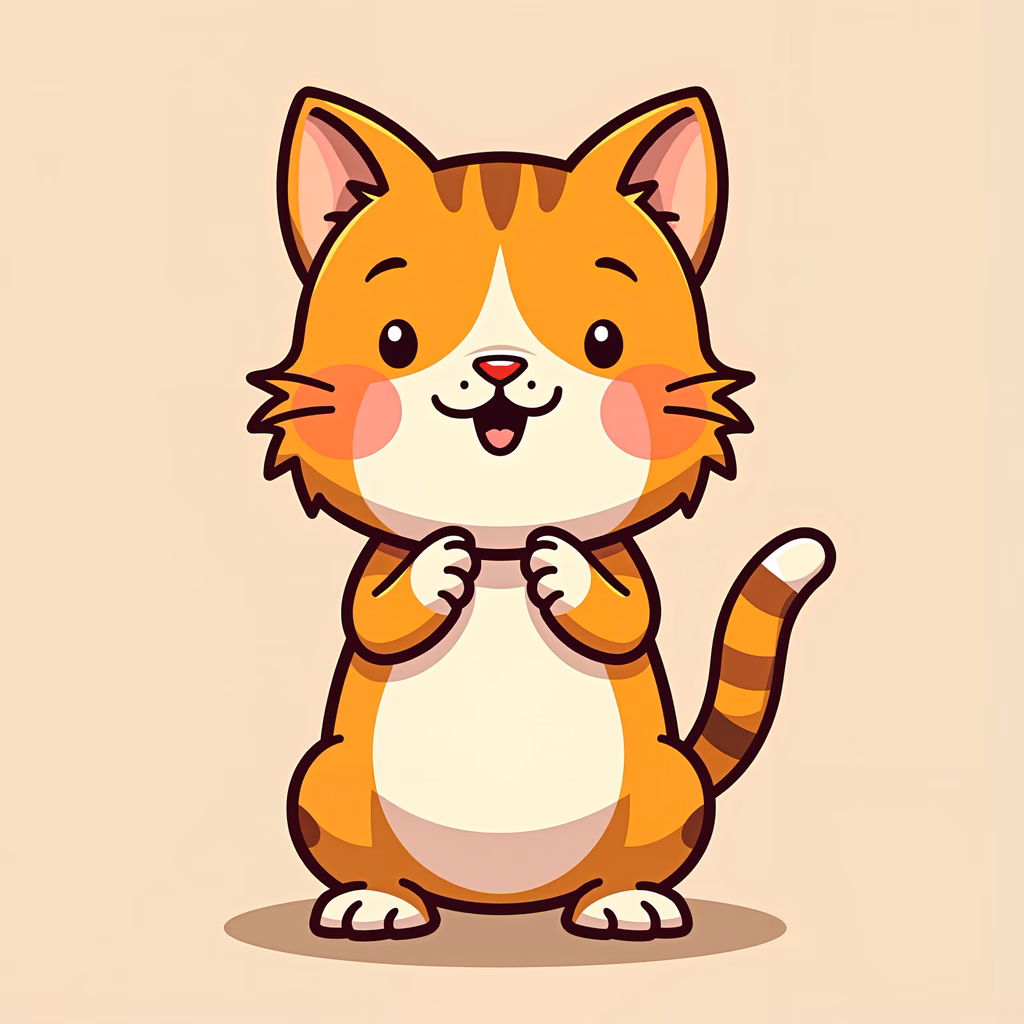 A cheerful cartoon cat with big eyes and a playful pose, set against a neutral background.