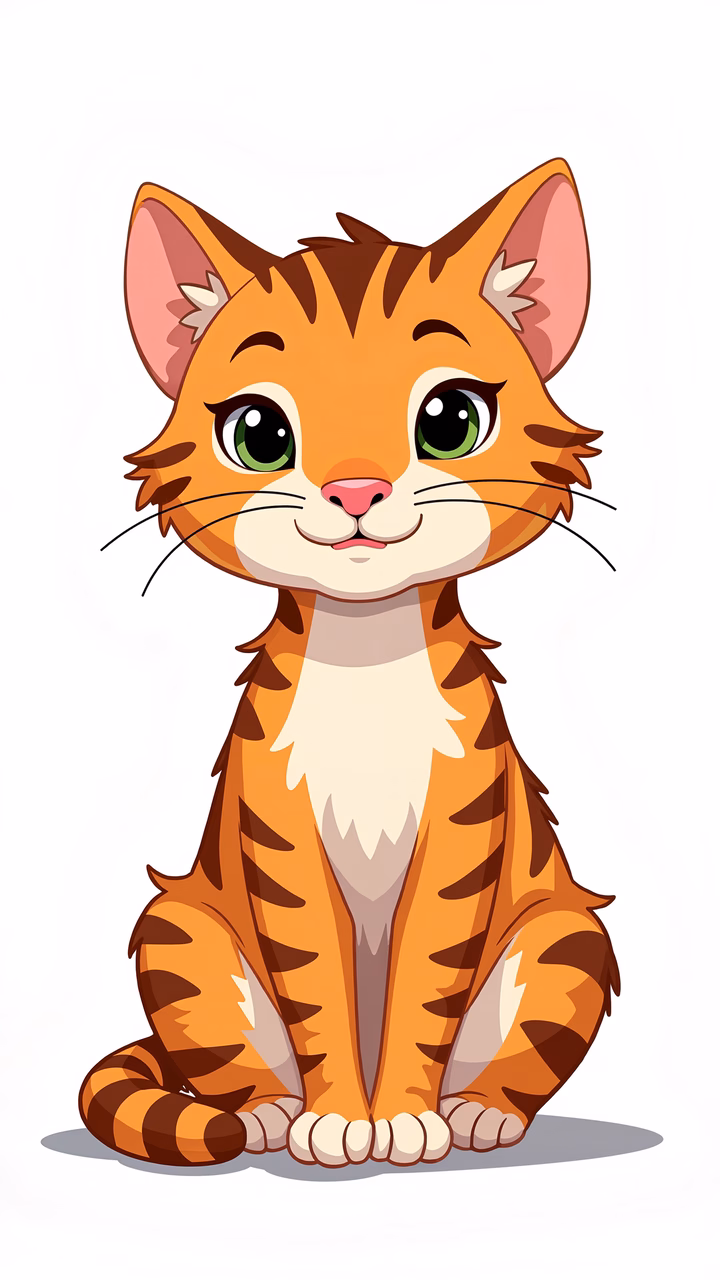 Cute cartoon cat with expressive eyes and warm colors, perfect for children's art.