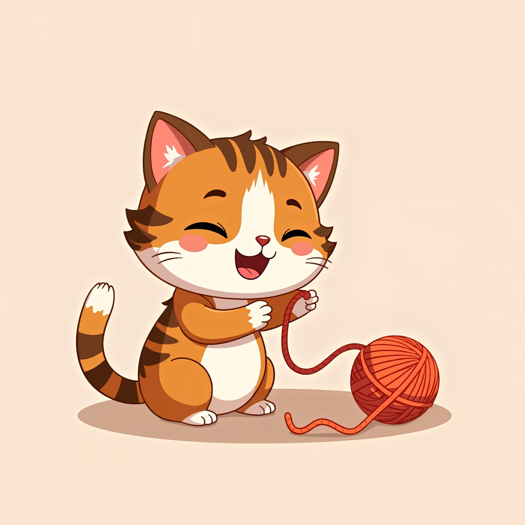 A joyful cartoon cat playing with yarn, symbolizing childhood innocence and playfulness.