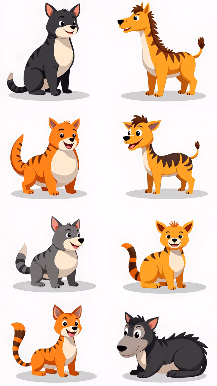 Brightly colored anthropomorphic cats and dogs in a cartoonish style.