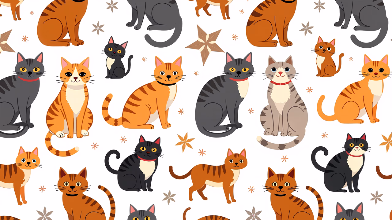 A cheerful cartoon cat pattern with diverse colors and playful designs.