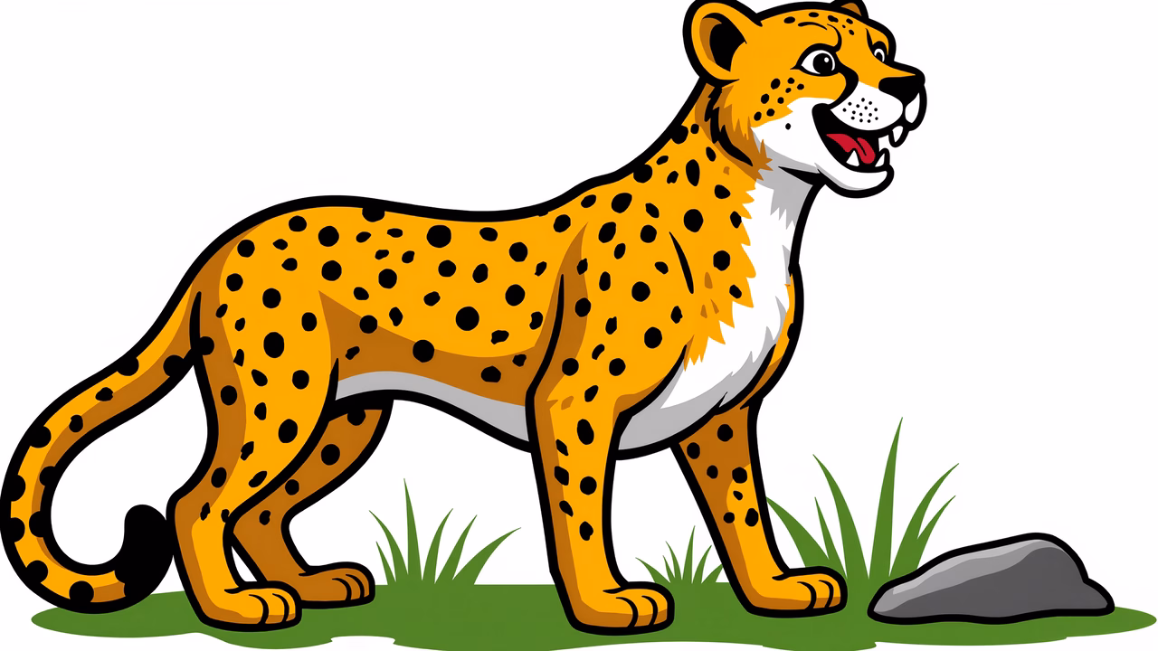 Vibrant cartoon cheetah in a playful pose on a grassy patch.