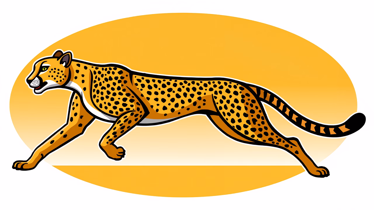 Dynamic cheetah illustration with bold outlines and warm yellow tones.