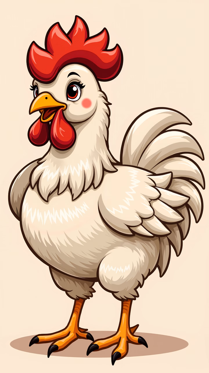 A cute cartoon chicken with a red comb and expressive eyes, standing on orange feet against a beige background.