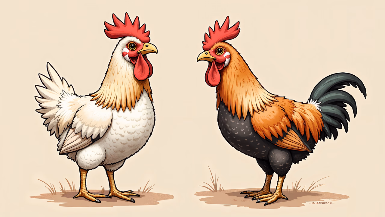Two cartoon chickens standing side by side, vibrant and cheerful.