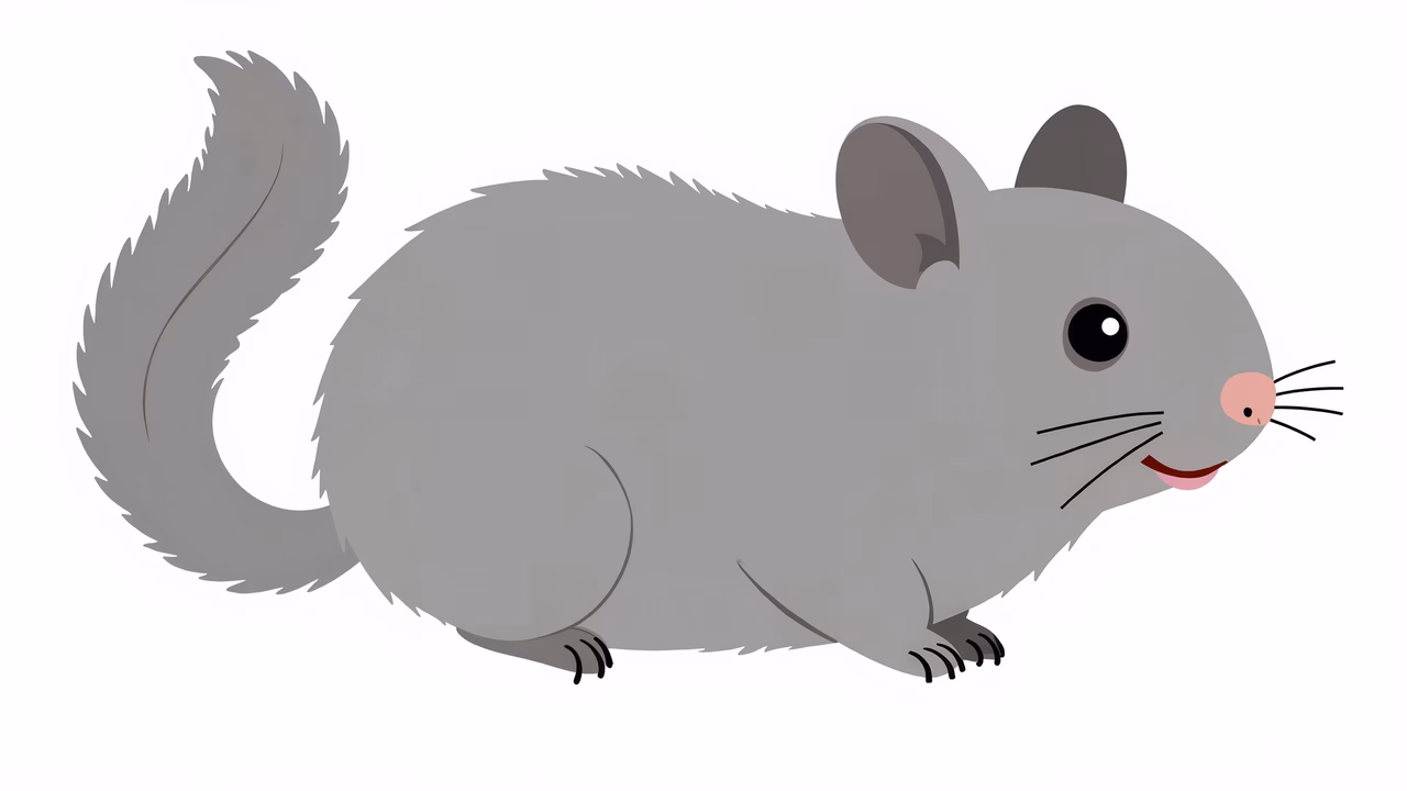 A cute cartoon chinchilla with soft gray fur and big eyes.