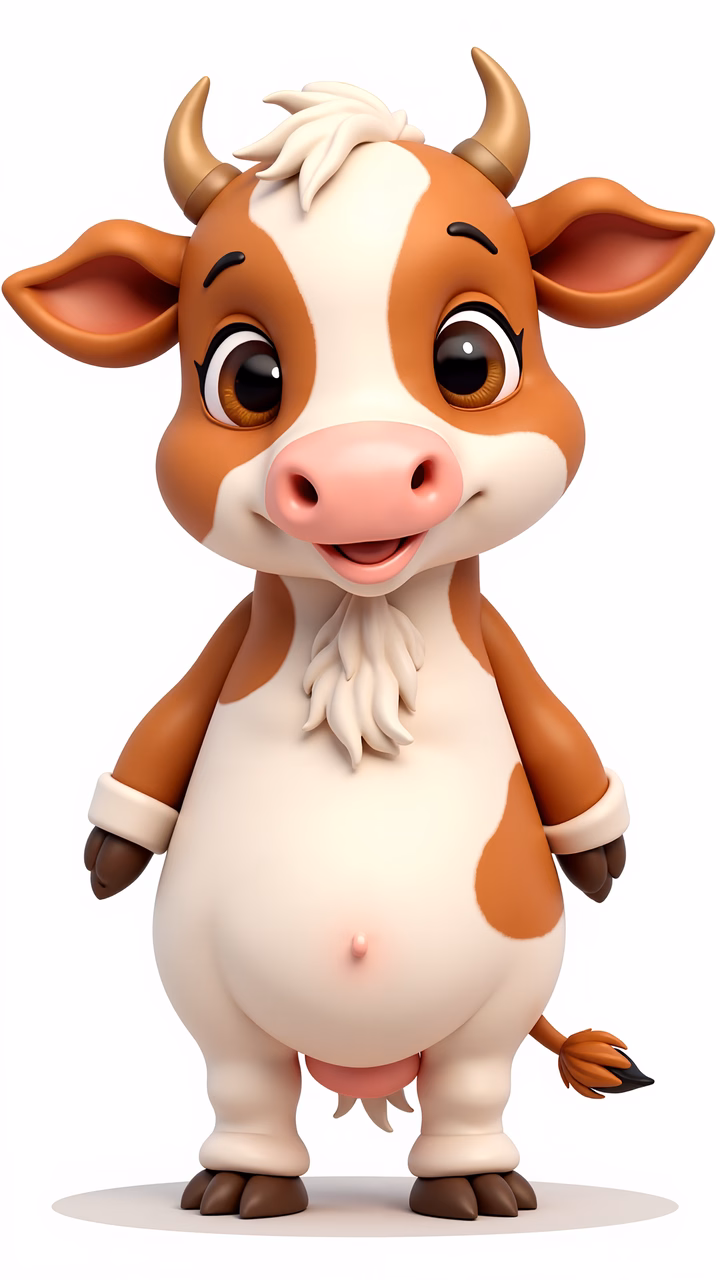 A cute cartoon cow with big eyes and a friendly smile, ideal for kids' art.