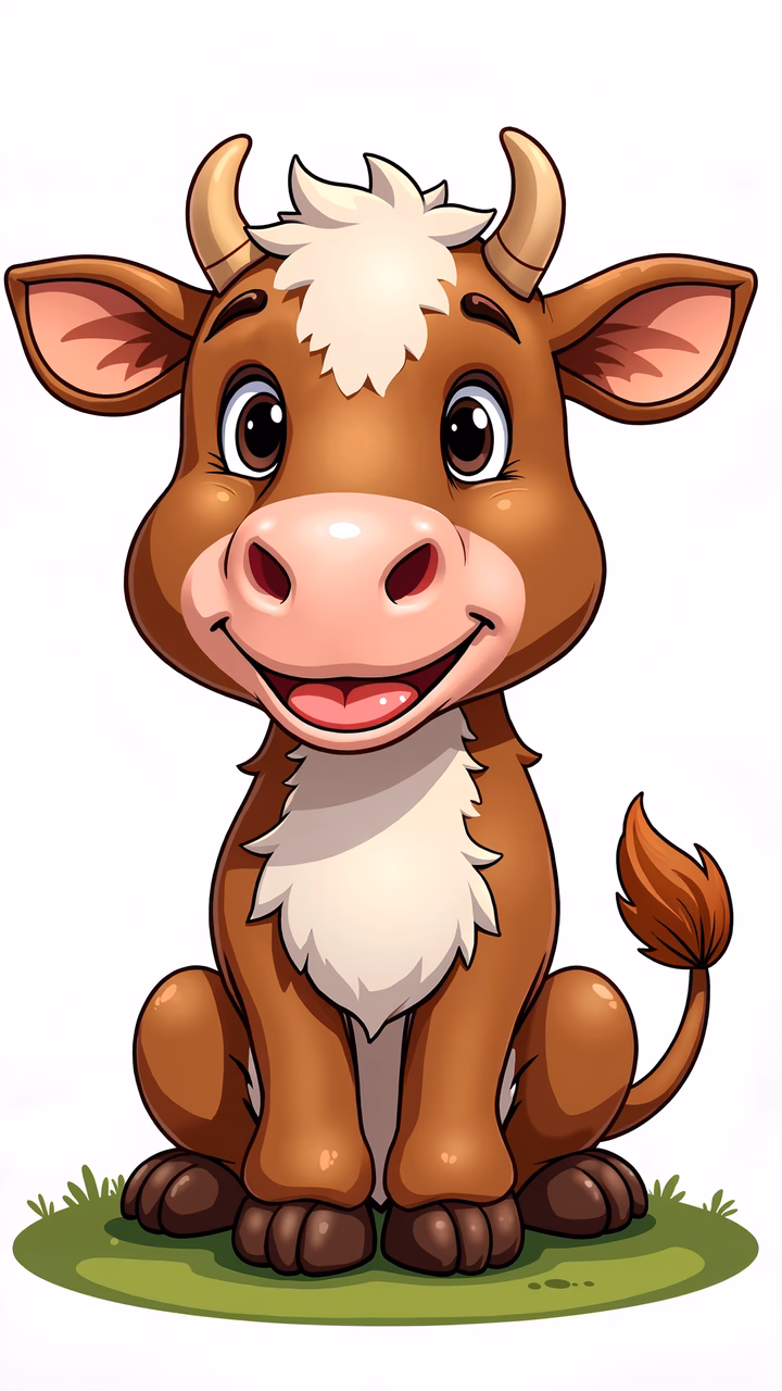 A cute cartoon cow sitting on grass, smiling brightly.