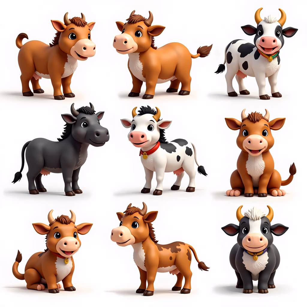 A delightful collection of cartoon cows in various poses and colors, ideal for children's art.