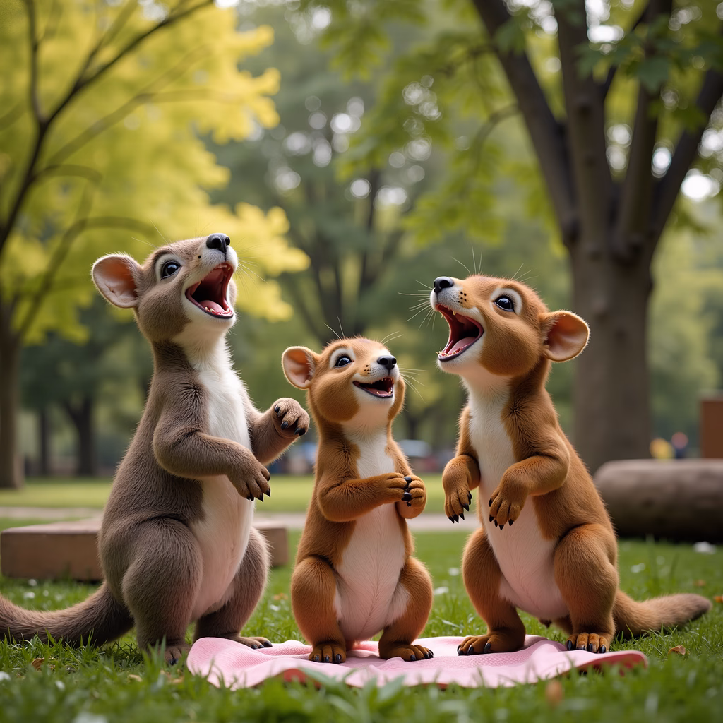 A joyful cartoon deer family dancing in a green park.