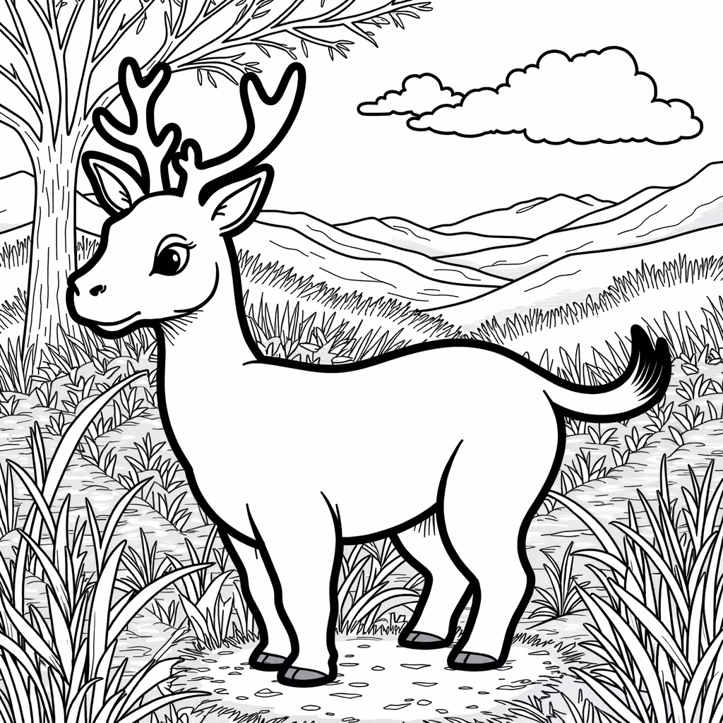 A cute cartoon deer in a peaceful natural setting, ideal for kids' art and stories.