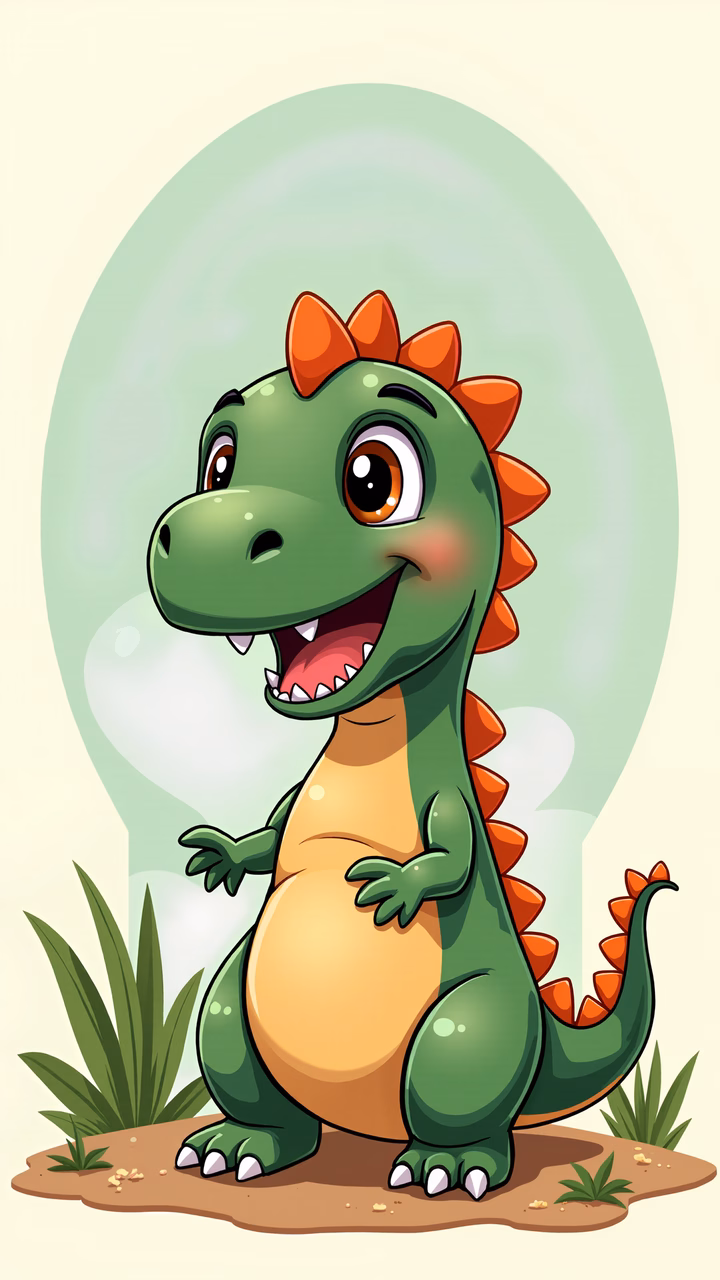 A cheerful cartoon dinosaur with vibrant colors and soft background, perfect for children’s art.