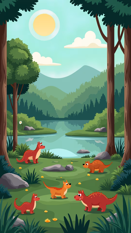 Cartoon Dinosaurs in a Forest