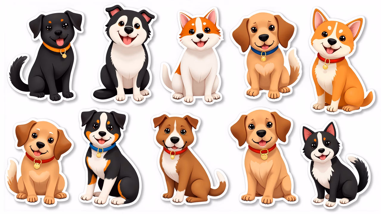 A charming collection of cartoon dogs with unique fur patterns and accessories.