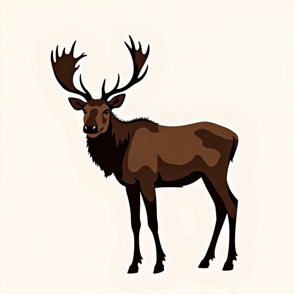 A cute cartoon elk standing against a neutral background.