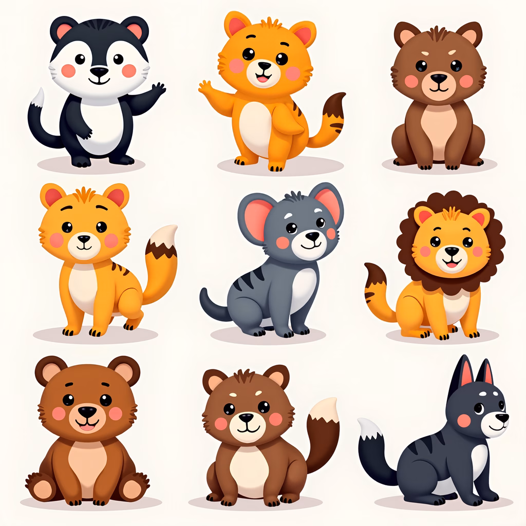 Cute cartoon forest animals in soft pastels, ideal for children’s art.
