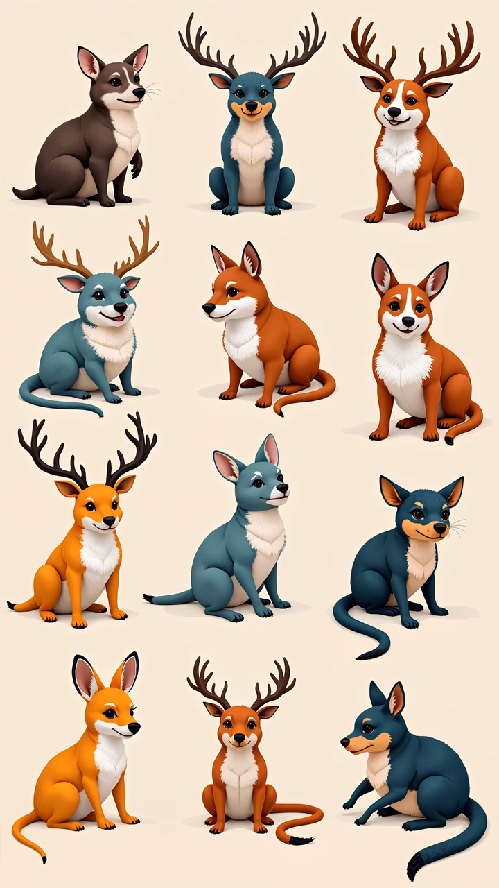 Whimsical cartoon forest animals with expressive faces and warm colors.